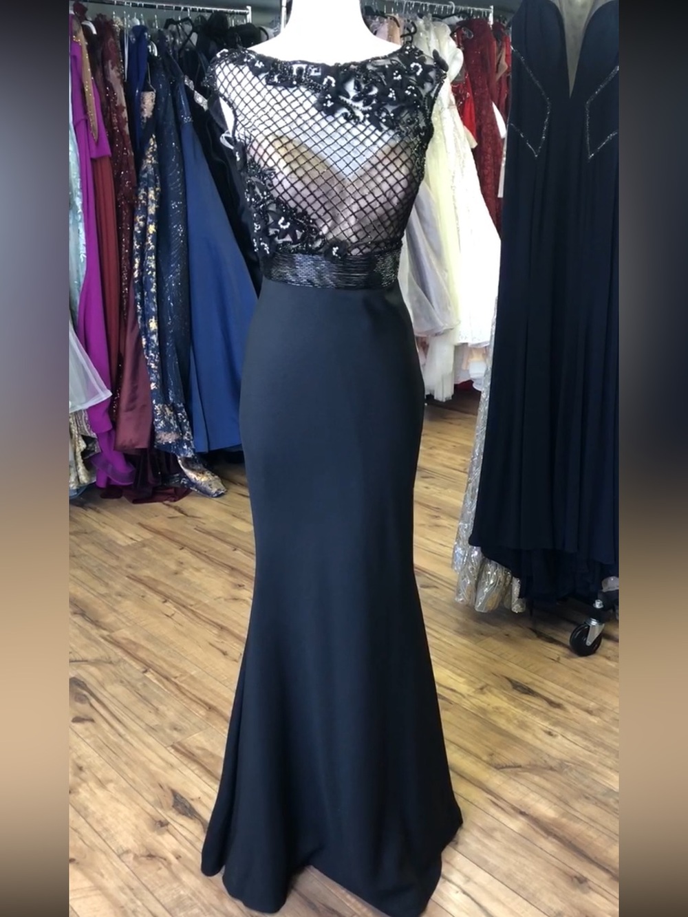 Tarik Ediz Black Evening Gown with Sheer Embellished Bodice
